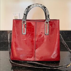Stylish Red Tote with Snake-Print Trim